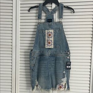 NWT LUCKY BRAND Denim Overalls with Floral Patch. Sz XS
